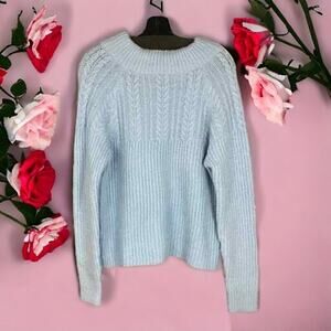 FRNCH Womens M/L Sweater Bow Back Cableknit Long Sleeve Chunky Sky Blue NWT